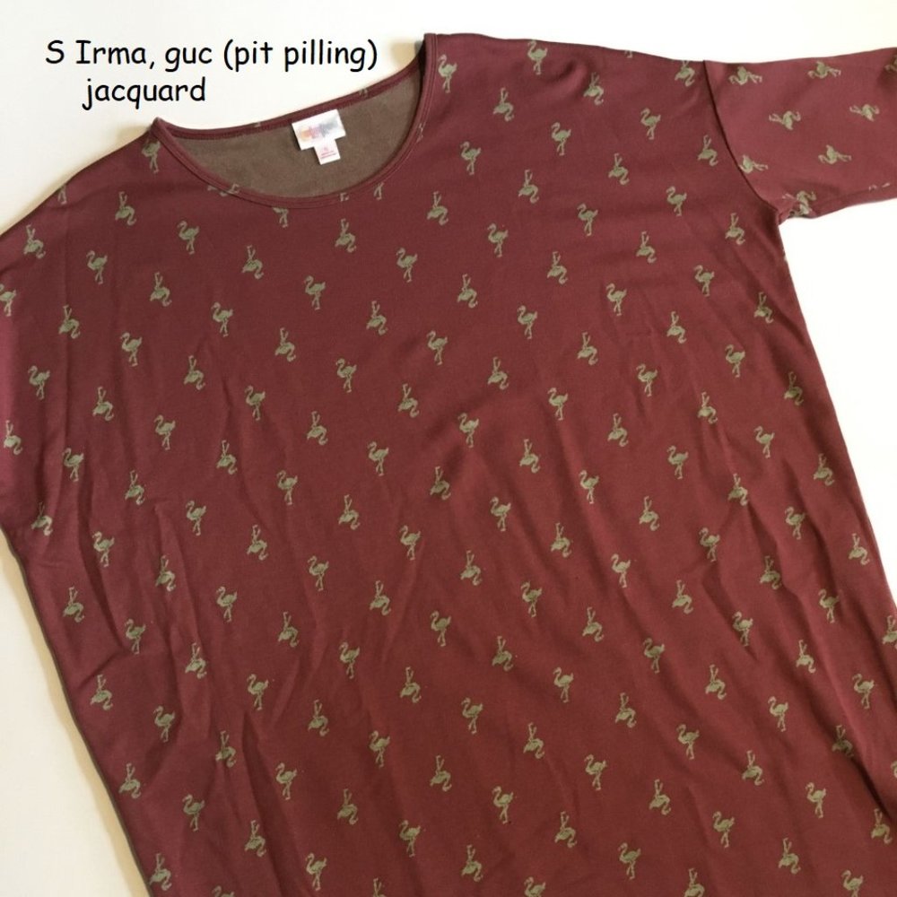 S Lularoe Irma tunic, mauve with green flamingos, jacquard